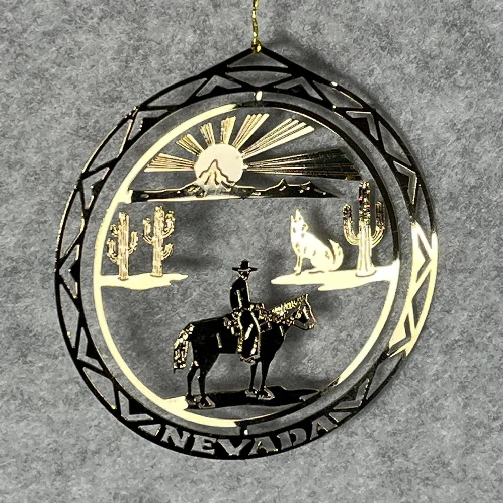 Nevada Ornament Gold‎ Metal Cowboy Horse Desert Christmas Nations Treasures Box